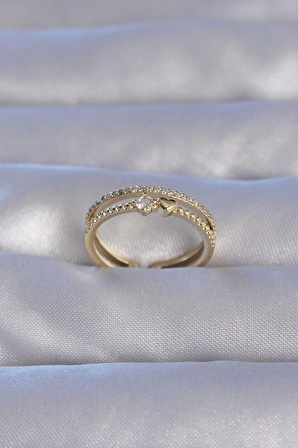 MuI MuI Pirinç Gold Renk Zirkon Taşlı Kalpli Su Yolu Model Ayarlanabilir Yüzük