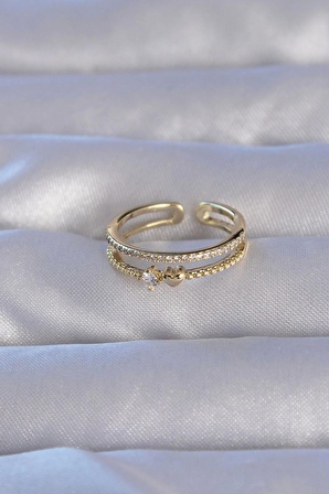 MuI MuI Pirinç Gold Renk Zirkon Taşlı Kalpli Su Yolu Model Ayarlanabilir Yüzük