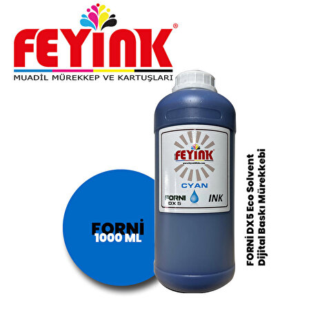 Feyink® Forni Ecosolvent Dijital Baskı Boyası Epson DX5 Kafa Uyumlu Cyan (Mavi) -1000ml-
