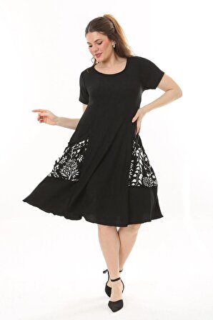 Kadın Cepli Siyah Sarmaşık Desen Standart Beden Salaş Esnek Elbise