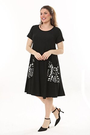 Kadın Cepli Siyah Sarmaşık Desen Standart Beden Salaş Esnek Elbise