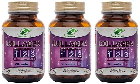 Yurdavit Hidrolize Collagen Kolajen Type Tip 1-2-3 Hyaluronic Acid Vitamin C 3x50 Tablet