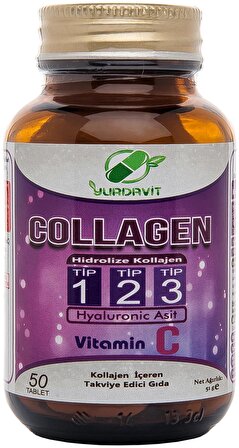 Yurdavit Hidrolize Collagen Kolajen Type Tip 1-2-3 Hyaluronic Acid Vitamin C 3x50 Tablet