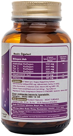 Yurdavit Hidrolize Collagen Kolajen Type Tip 1-2-3 Hyaluronic Acid Vitamin C 3x50 Tablet