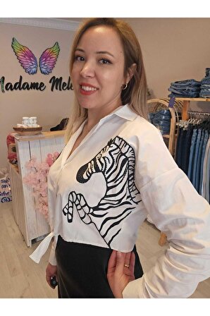 Kadın Keten Zebra Nakışlı Ön Bağlamalı Gömlek