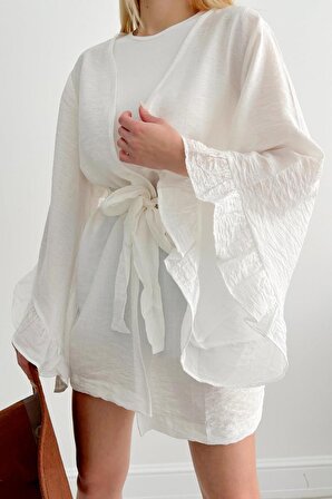 Kolları Volanlı Salaş Kimono Beyaz
