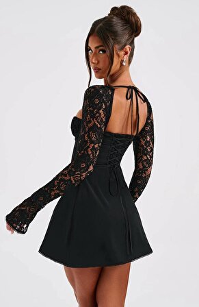 Scuba Krep Siyah Dantel Kol Detaylı Mini Elbise