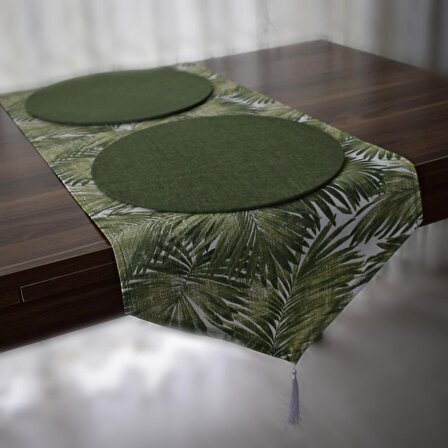 Meryemce Ev Tekstili 33 cm Yuvarlak Yeşil Yıkanabilir Palmiye Desenli Runner Amerikan Servis Takımı 8 Kişilik