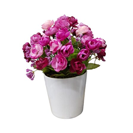 Seramik Saksıda Pembe Ve Fuşya Rengi Kır Çiçekli Dekoratif Yapay Çiçek