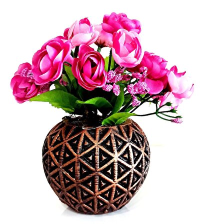 Mini Bronz Vazoda Fuşya Rengi Kır Çiçekli Dekoratif Yapay Çiçek