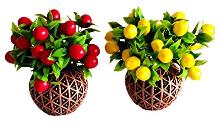 Mini Dekoratif Vazoda Kiraz Ve Limon Ağacı Hediyelik Yapay Çiçek