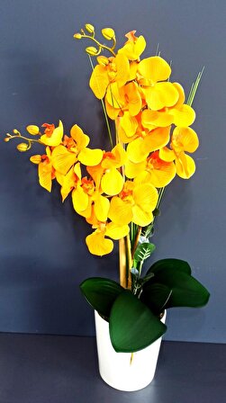 Beyaz Seramik Saksıda Turuncu Yapay Orkide Çiçeği