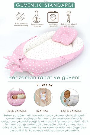 Babynest Ortopedik Bebek Yatağı, Anne Yanı Bebek Yatağı, Ergonomik Tasarım, Stars Serisi, Pembe