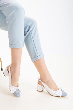 Aria Kadın Kurdele Detaylı Topuklu Ayakkabı Beyaz Cilt