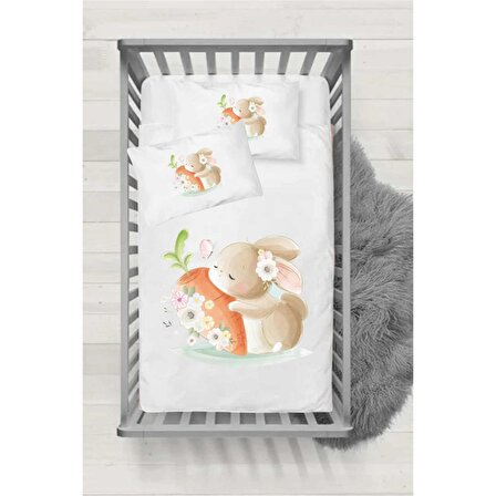 Miss Havuçlu Tavşancık Desenli Bebek Lastikli Çarşaf (60x120 / 15) 2'li Yastık Kılıfı