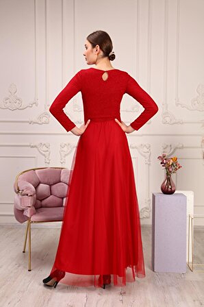 Beli Şeritli Uzun Kol Kırmızı Kadın Abiye Elbise