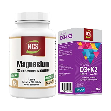 Magnezyum Elementleri Magnesium Malat Glisinat Taurat 90 Tablet+Vitamin D3 K2 20 ml