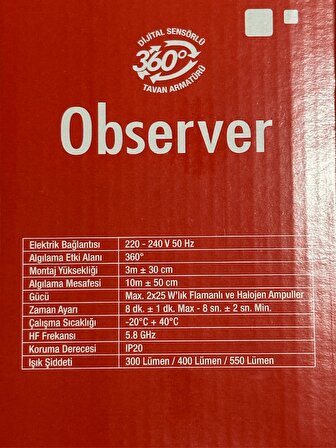 Netelsan Observer 360 Derece Sensörlü Tavan Armatürü + 2 Adet Osram 8.5W Beyaz Hediye