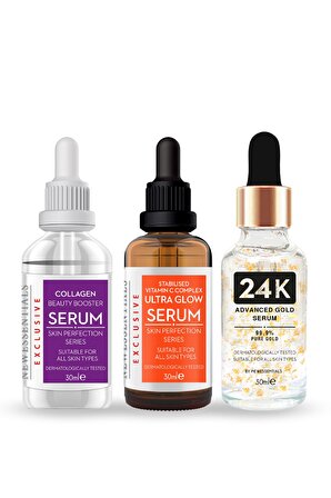 3Lü Avantaj Serum Seti - Kolajen Serum + C Vitamini Serum + 24K Altın Parçacıklı Serum  3x30 ml