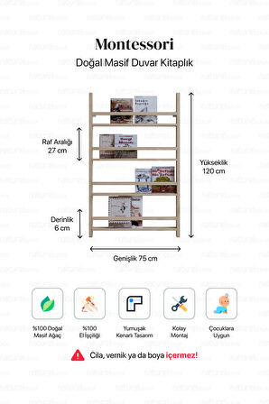 Duvar Kitaplığı Masif Ahşap Montessori Duvar Kitaplık