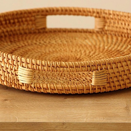 Bohem Rattan Kulplu Yuvarlak Tepsi 31x5 cm Medium, Iskandinav, Modern