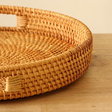 Bohem Rattan Kulplu Yuvarlak Tepsi 31x5 cm Medium, Iskandinav, Modern