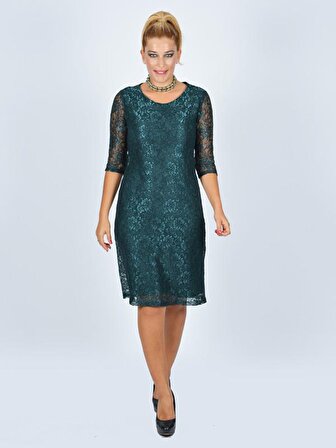 Nidya Moda Büyük Beden Kadın Yeşil Dantel Abiye Elbise-4009DY