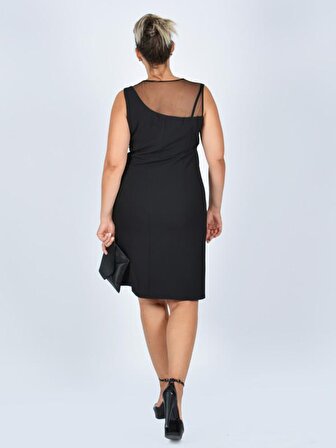 Nidya Moda Büyük Beden Kadın Siyah Roba Tül Taşlı Abiye Elbise-4011S