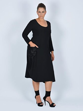 Nidya Moda Büyük Beden Kadın Siyah Dantel Cep Kombinli Asimetrik Günlük Elbise-4021S