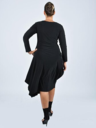 Nidya Moda Büyük Beden Kadın Siyah Dantel Cep Kombinli Asimetrik Günlük Elbise-4021S