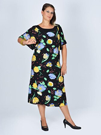 Nidya Moda Büyük Beden Kadın Siyah Yaka Kombinli Çiçek Desenli Günlük Elbise-4026Ç