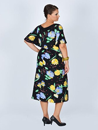 Nidya Moda Büyük Beden Kadın Siyah Yaka Kombinli Çiçek Desenli Günlük Elbise-4026Ç