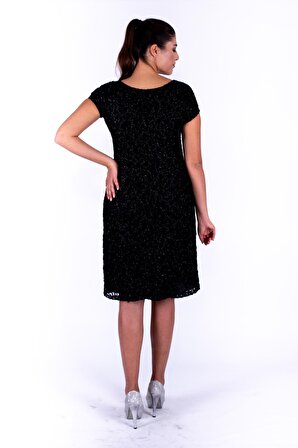 Nidya Moda Büyük Beden Kadın Siyah Vako Simli Dantel Abiye Elbise-4035YS