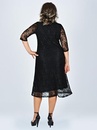 Nidya Moda Büyük Beden Kadın Siyah Kloş Etek Dantel Abiye Elbise-4036S