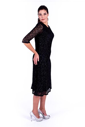 Nidya Moda Büyük Beden Kadın Siyah Kloş Simli Dantel Abiye Elbise-4036YS