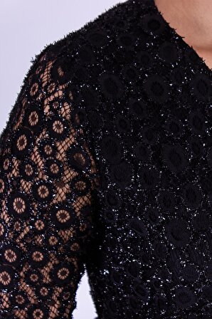 Nidya Moda Büyük Beden Kadın Siyah Kloş Simli Dantel Abiye Elbise-4036YS