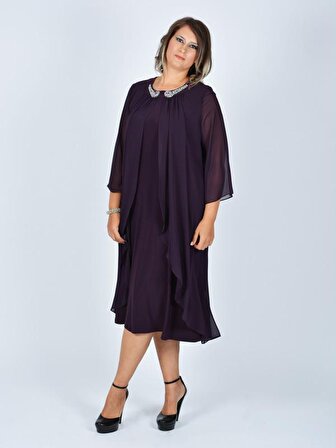 Nidya Moda Büyük Beden Kadın Mürdüm Taşlı Aksesuarlı Üst Şifonlu Abiye Elbise-4037M