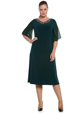 Nidya Moda Büyük Beden Kadın Yeşil Şifon Kol Taşlı Yaka Abiye Elbise-4053Y
