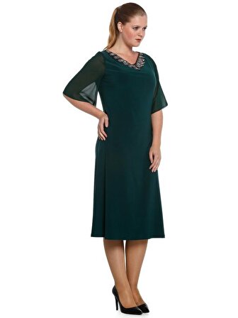 Nidya Moda Büyük Beden Kadın Yeşil Şifon Kol Taşlı Yaka Abiye Elbise-4053Y