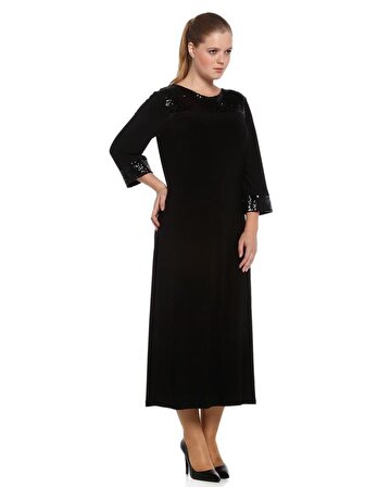Nidya Moda Büyük Beden Kadın Siyah Roba Manşet Pullu Paye Kombinli  Abiye Elbise-4056S