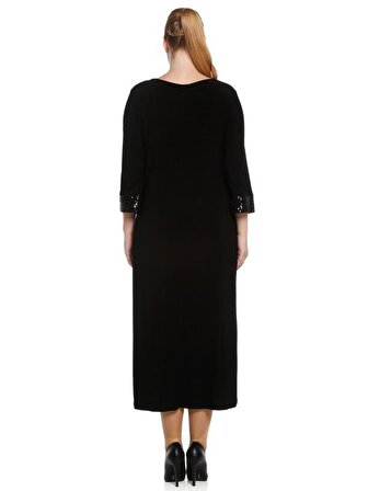 Nidya Moda Büyük Beden Kadın Siyah Roba Manşet Pullu Paye Kombinli  Abiye Elbise-4056S