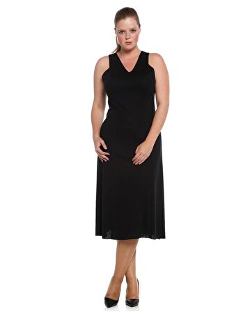 Nidya Moda Büyük Beden Kadın Lacivert Yüzücü Kesim Elbise-4064L
