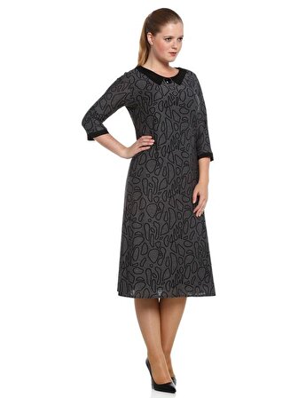 Nidya Moda Büyük Beden Kadın Antrasit Gri Aksesuarlı Desenli Günlük Elbise-4070G