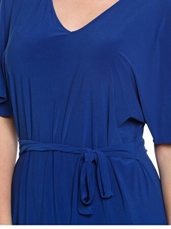 Nidya Moda Büyük Beden Kadın Saks Kuşaklı Elbise-4071SX