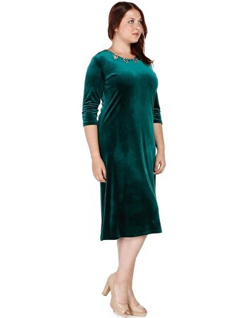 Nidya Moda Büyük Beden Kadın Yeşil Taş İşli Lazer Yaka Kadife Abiye Elbise-4072AY
