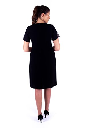 Nidya Moda Büyük Beden Kadın Siyah Boncuk İşli Dantel Kombinli Abiye Elbise-4103S