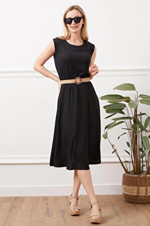 Siyah Sıfır Kol Kemerli Elbise - S