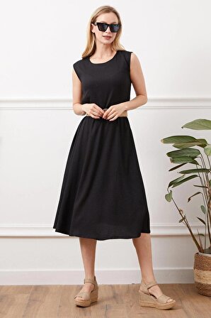 Siyah Sıfır Kol Kemerli Elbise - M