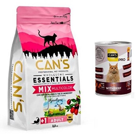 Cans Cat Adult Yetişkin Kedi Maması Gourme Mix 2,5 Kg Tavuk-Balık-Kuzu' lu + Konserve
