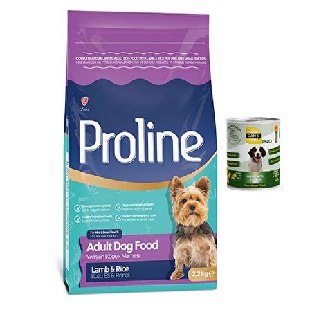 Pro Line Mini ve Küçük Irk Yetişkin Köpekler için Kuzu Etli ve Pirinçli Köpek Maması 2.2kg + Konserve